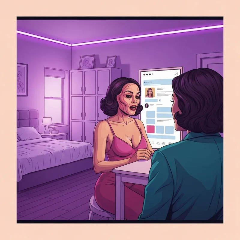 A cinematic and satirical representation of the stepsis trope featuring modern digital aesthetics and body horror elements.