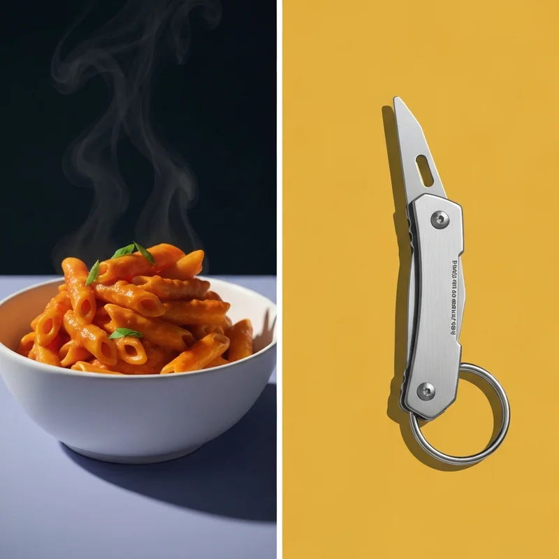 A split composition featuring a steaming bowl of creamy orange micronii pasta and a sleek silver SOG Micron II mini folding knife on a dark background.