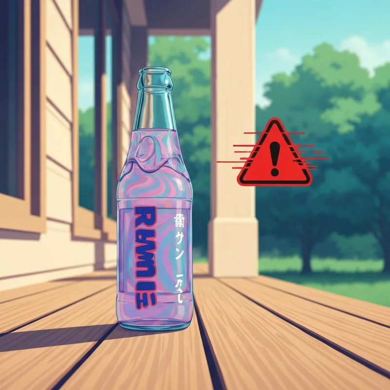 A symbolic representation of shojou ramune showing a colorful soda bottle with a warning sign against a digital background.