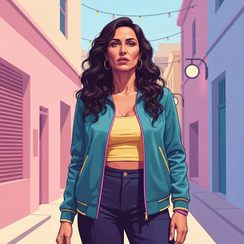 A confident and stylish curvy Latina woman posing in a vibrant urban fashion setting with professional studio lighting, representing the big tits latina aesthetic.