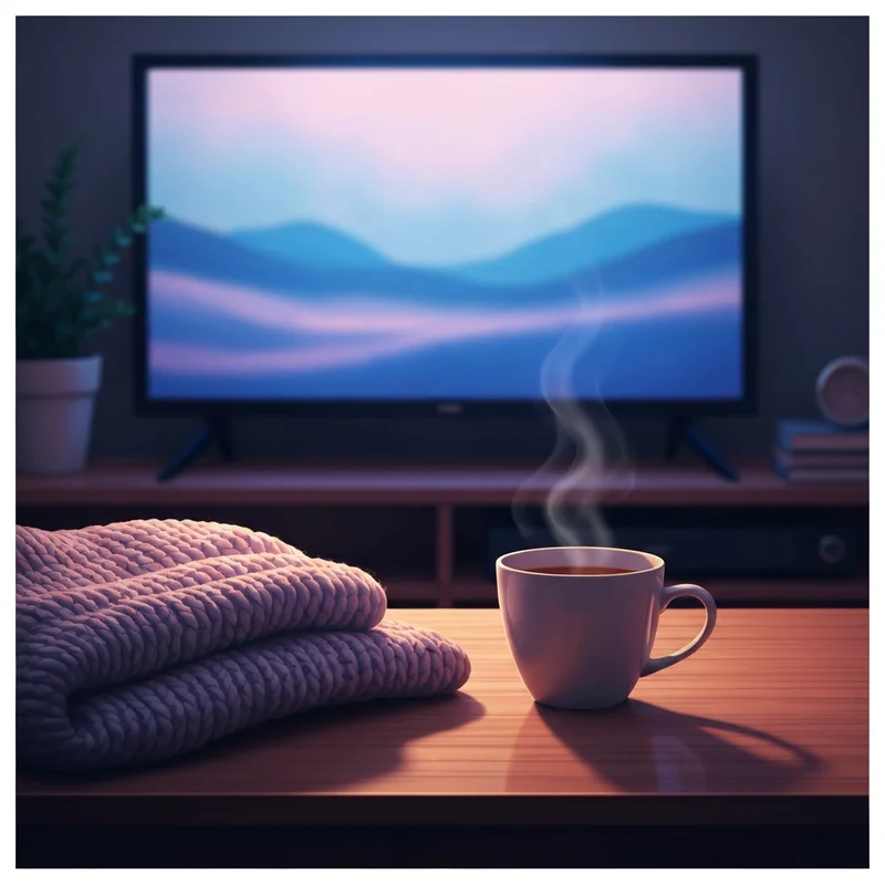 A symbolic and cinematic representation of suicide in films showing a soft, out-of-focus movie screen and a comforting, warm light nearby to represent safety and media literacy.