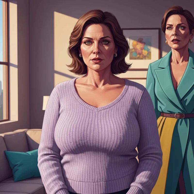 Photorealistic AI-generated portrait of a curvy woman in a sunlit domestic setting, illustrating the big tits wife aesthetic with high-fidelity textures.