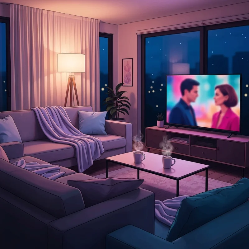 A cozy living room setup with a warm glow, blankets, and a screen showing a cinematic romantic scene, representing movies to watch with girlfriend.