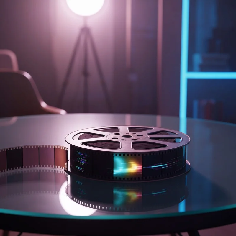 A cinematic abstract representation of the blowjob girl film as a vintage film reel with digital glitches