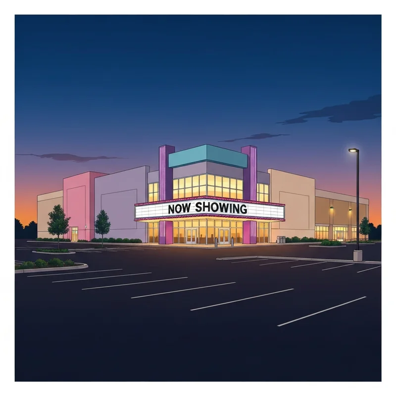 The exterior of a modern suburban movie theater, hudson cinema 12, under a twilight sky with glowing neon lights and a spacious parking lot.