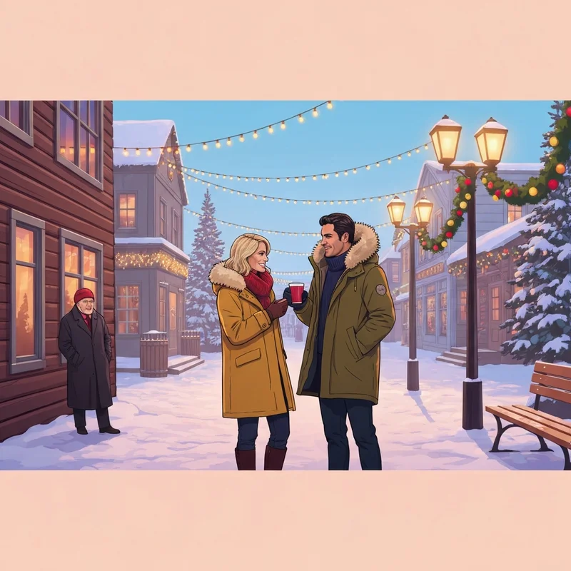 The primary actors of the a cozy christmas inn cast smiling in a festive, snowy Alaskan town setting.