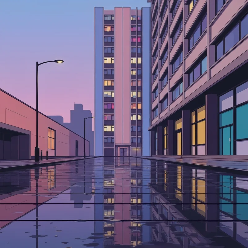 A cinematic and atmospheric urban high-rise reflected in a rainy street, capturing the essence of a housing movie.