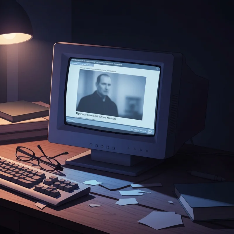 A dark, cinematic visualization of a 2000s-era computer monitor in a dimly lit room, symbolizing the digital investigation of the 3 guys 1 hammer case.
