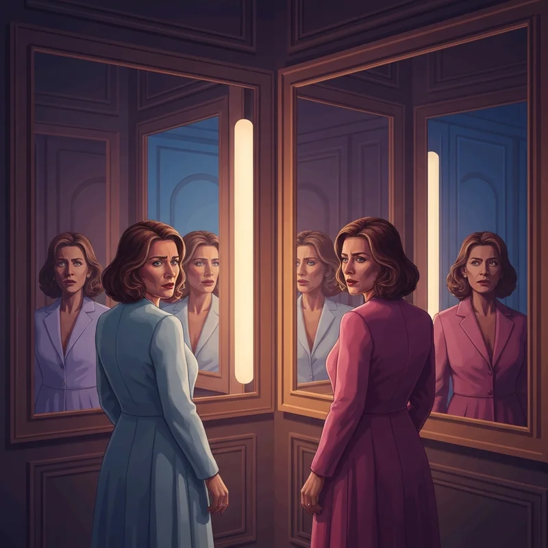 A woman looking in a mirror with multiple reflections, illustrating npd symptoms in women and the search for identity.