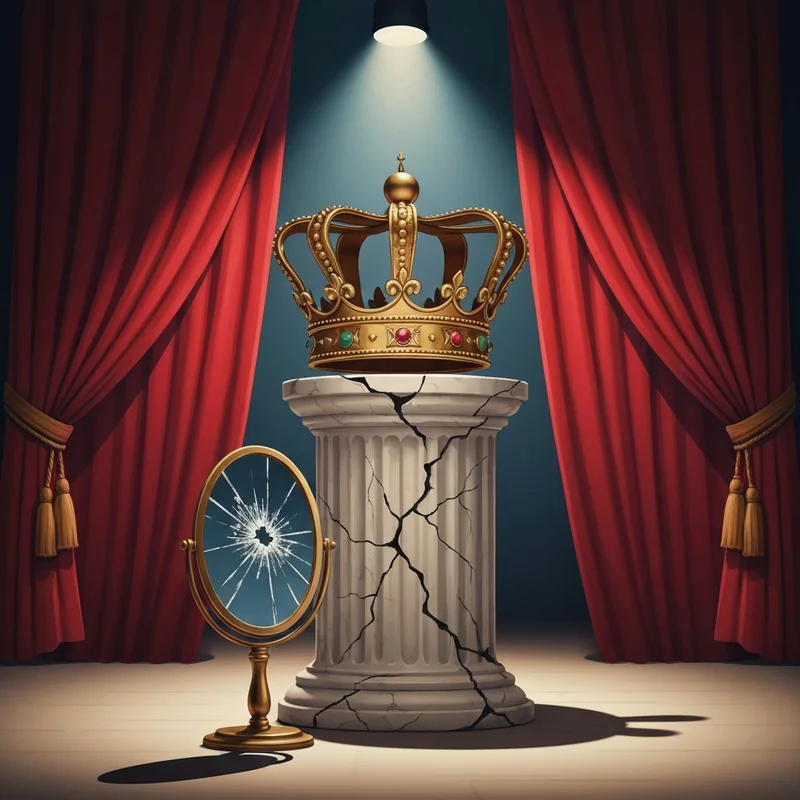 A cinematic representation of celebs with npd featuring a golden crown on a cracked marble pedestal in a dark theater.