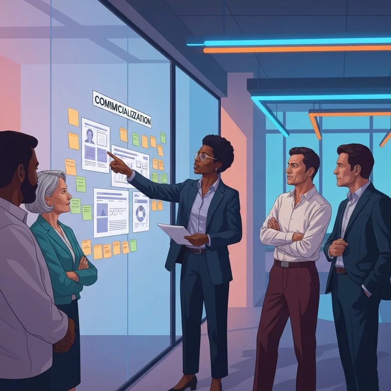 A professional marketing manager leading a cross-functional team through the npd process marketing lifecycle in a modern tech office.