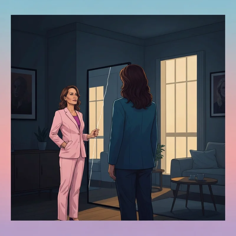 A woman standing in a dimly lit room looking at a fractured mirror, representing the emotional complexity of an npd relationship.