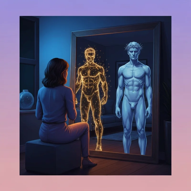 A woman looking at two different reflections of a man in a mirror, representing the complexity of bipolar npd symptoms and the search for clarity.