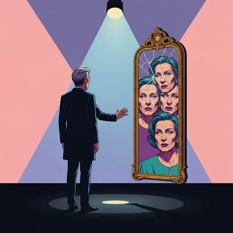 A cinematic conceptual representation of celebrities with npd showing a public figure looking into a fractured gold mirror reflecting multiple grandiose versions of themselves.