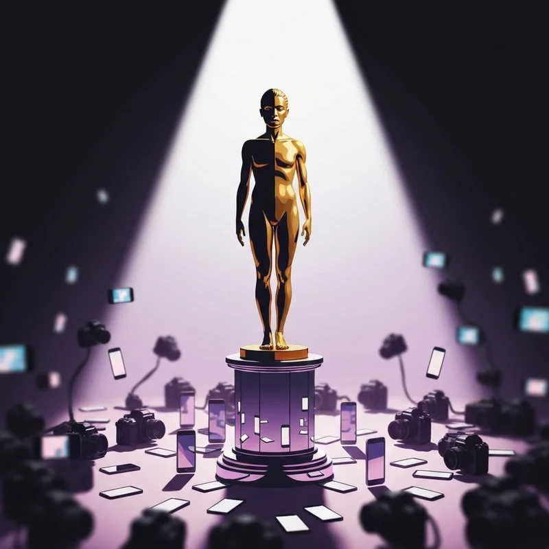 Conceptual image of famous people with npd showing a golden statue under a harsh spotlight with cameras.