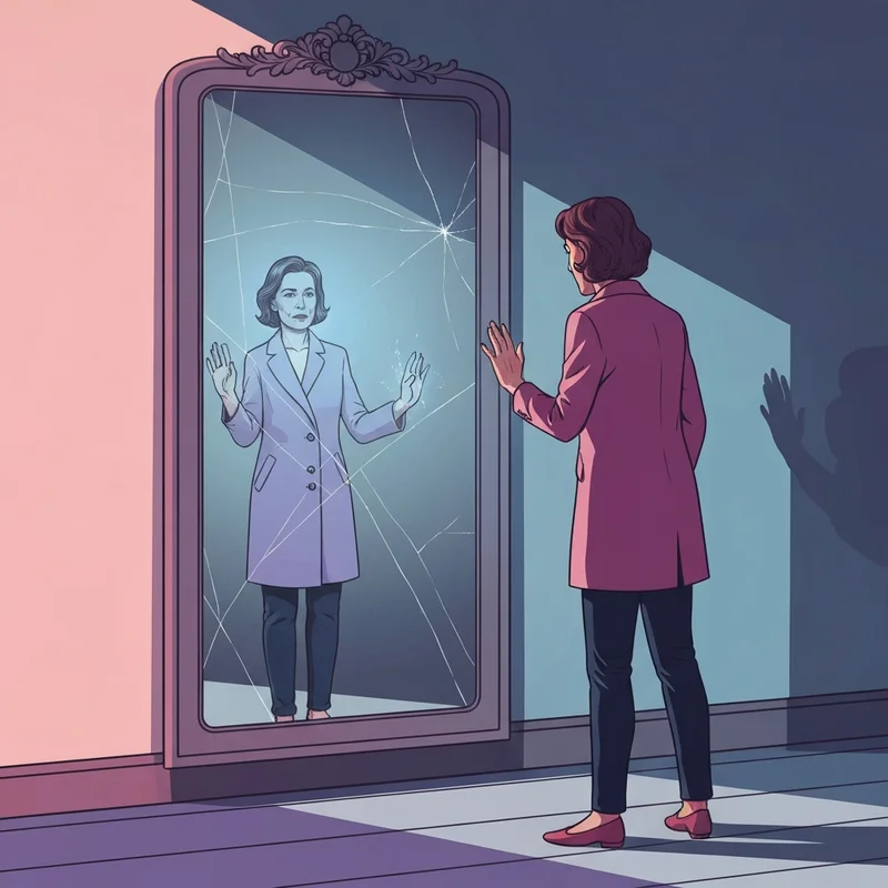 A symbolic representation of the difference between narcissistic vs npd showing a person looking into a cracked mirror reflecting a different face.