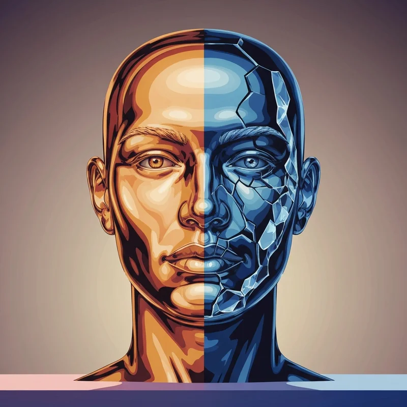 A visual representation of npd splitting showing a person with a dual face, one side soft and glowing, the other cold and stone-like.