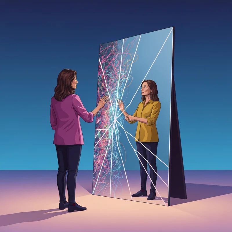 An abstract representation of a person looking into a cracked mirror, symbolizing the complex intersection of npd and bipolar disorder and the search for identity.