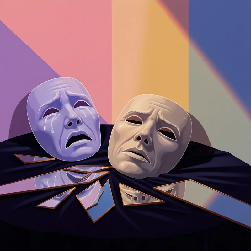 A symbolic representation of npd and bpd dynamics showing two different emotional masks and a shattered mirror.