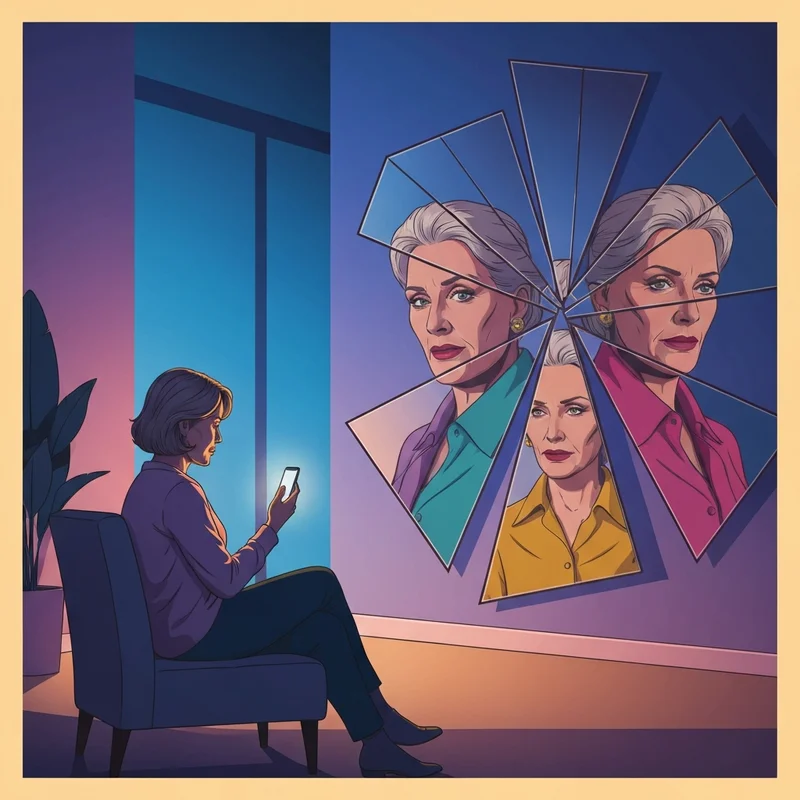 A woman looking at her reflection in a fragmented mirror, representing the complex nature of pw npd and the search for identity.