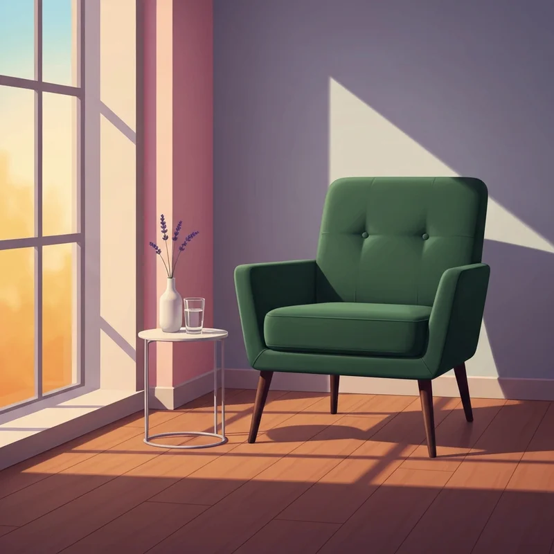 A serene, sunlit therapy office with a comfortable green velvet chair, symbolizing the search for an npd therapist near me.
