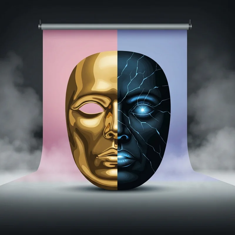 A symbolic comparison of ASPD vs NPD showing a polished golden mask next to a dark, fractured shadow, representing the internal differences in personality structure.