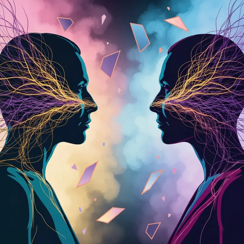 A symbolic representation of the magnetic bpd npd relationship showing two abstract figures connected by glowing, tangled threads of light in a dark, atmospheric setting.