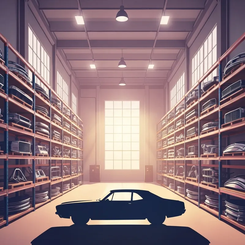 A large automotive warehouse interior with organized rows of classic car restoration parts for npd detroit.