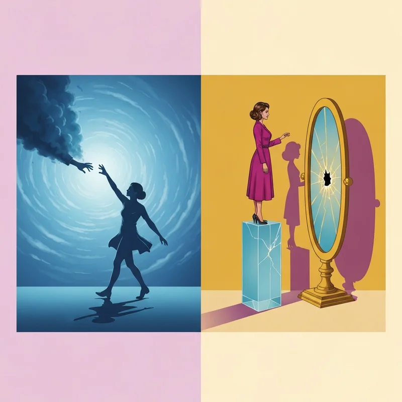 A symbolic illustration showing the difference between npd and bpd with two distinct emotional archetypes representing fear and ego.