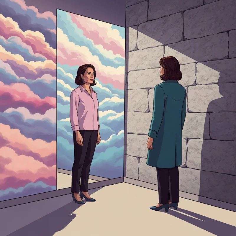 A visual metaphor for bipolar and npd showing a person standing between a shifting stormy sea and a rigid stone fortress, representing mood cycles and personality traits.