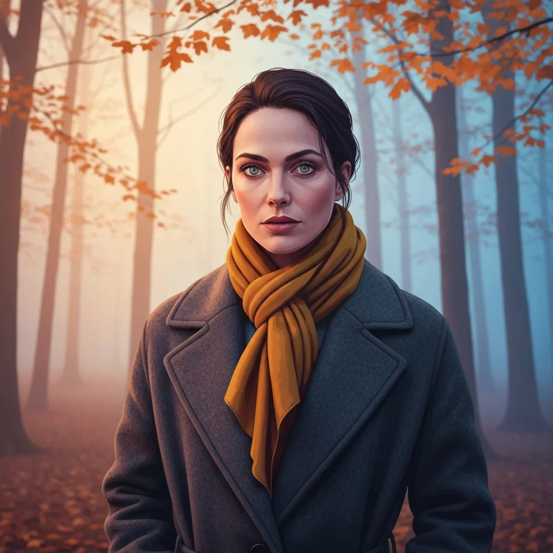 A soulful woman with long dark hair wearing a thick wool scarf standing in a misty autumn forest, embodying the she is november aesthetic.