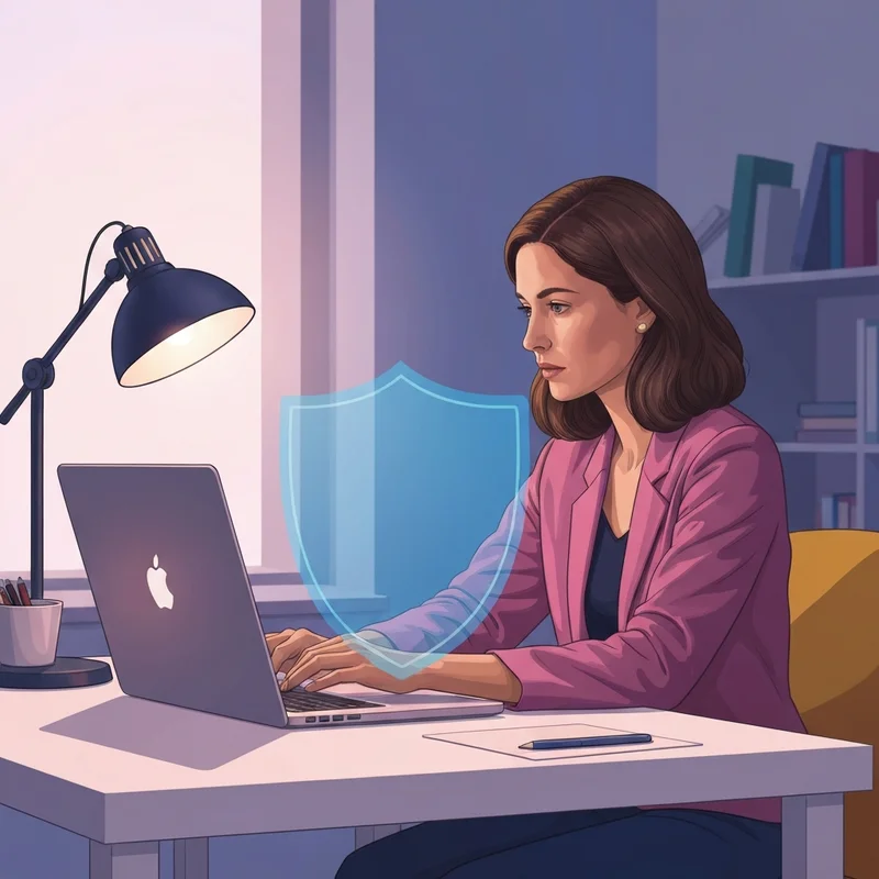 A digital security expert analyzing the npd pentester tool results on a laptop screen with data protection icons.