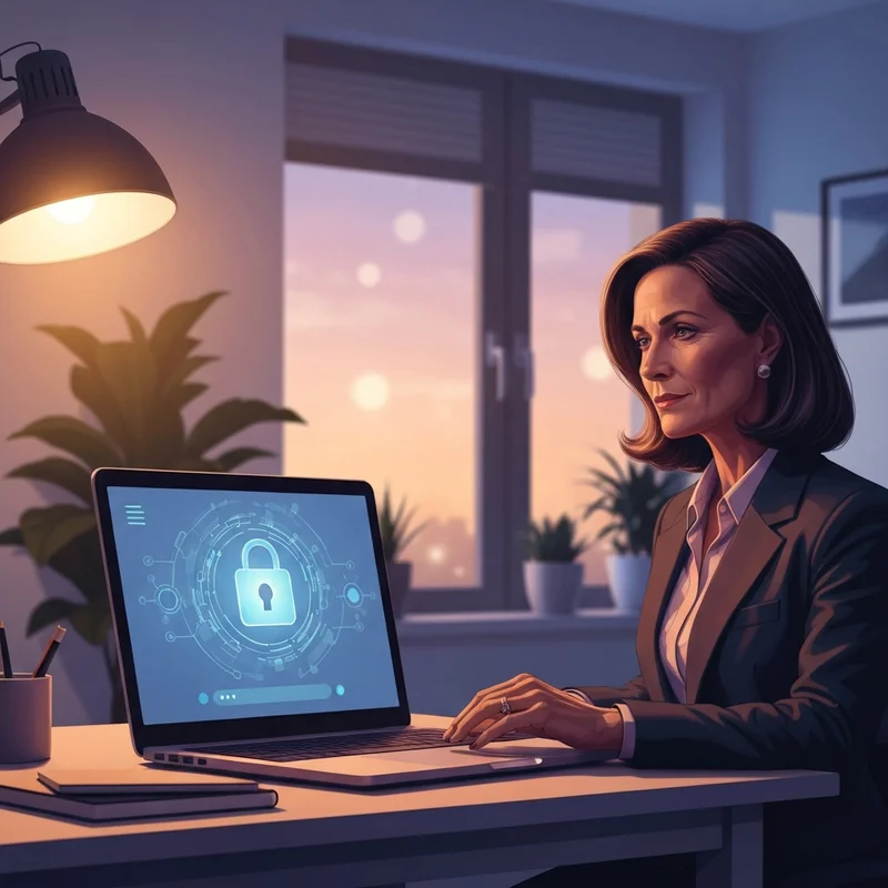 A professional person sitting at a desk looking at a laptop screen with a secure lock icon, representing npd pentester com reddit safety check.