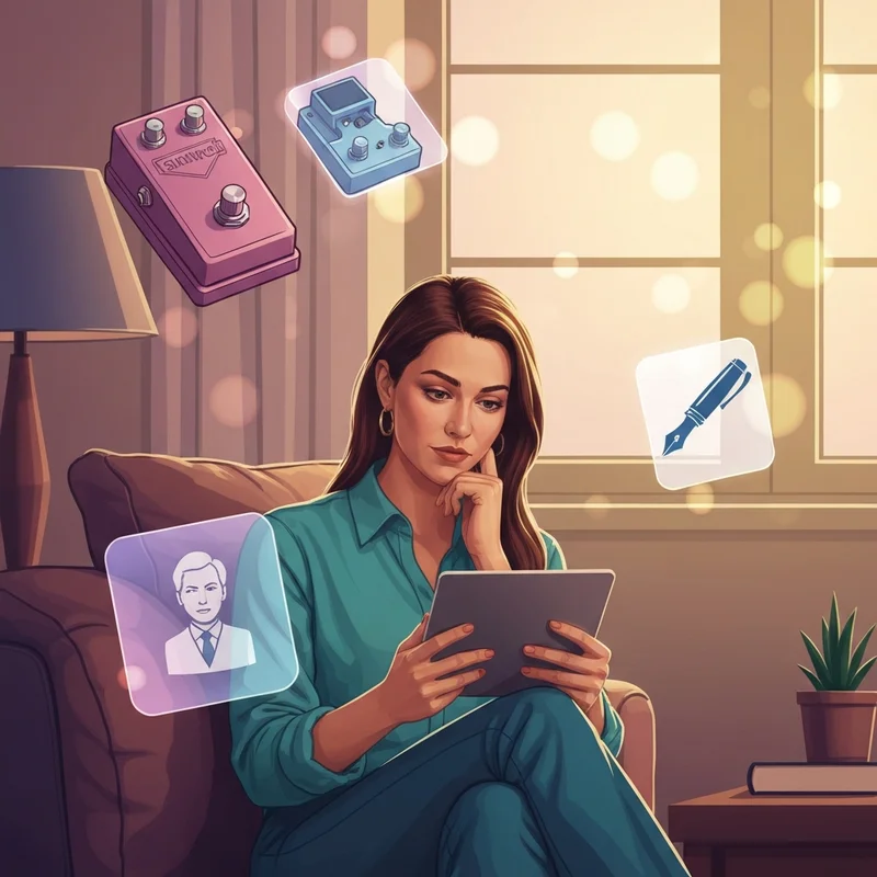 A woman looking at a smartphone screen with a confused expression, surrounded by floating digital acronyms like npd slang meaning and guitar pedal icons.