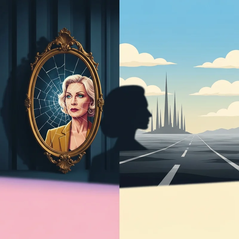 A symbolic representation of the psychological differences in npd vs aspd showing a fractured mirror and a cold stone path.