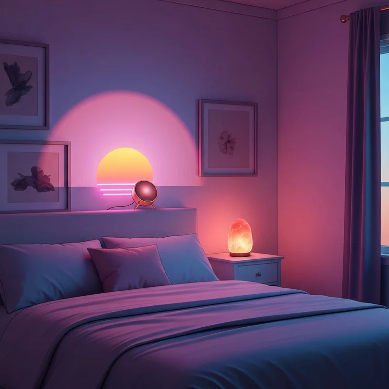 A cozy modern bedroom featuring layered pink light from a sunset lamp and neon script sign.