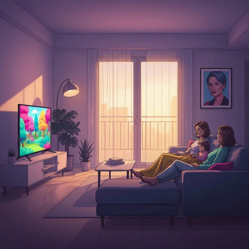 A cozy family living room with a glowing TV screen showing a colorful animated scene from g rated movies, emphasizing a safe and warm atmosphere.