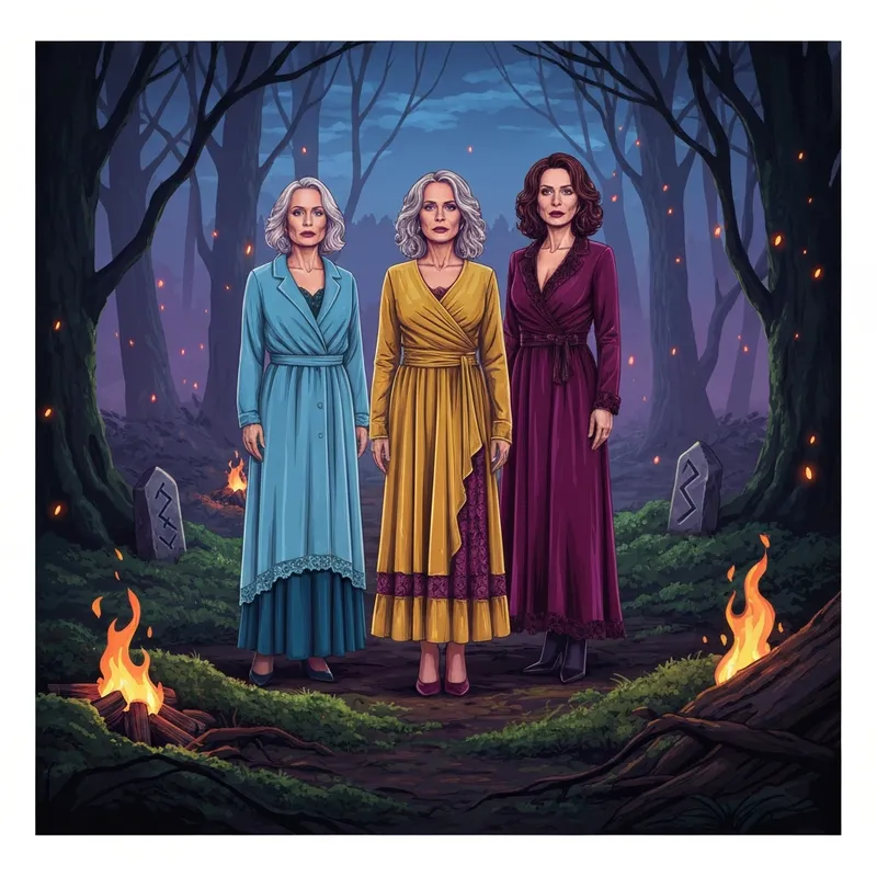A cinematic and atmospheric scene depicting three diverse sorceress characters standing in a misty forest clearing, a glowing occult symbol on the ground, representing witches in movie history.