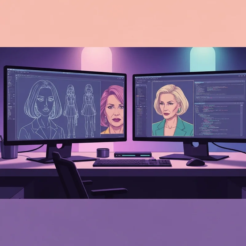 Cinematic high-fidelity ai generated hentai art creation interface on a dual monitor setup