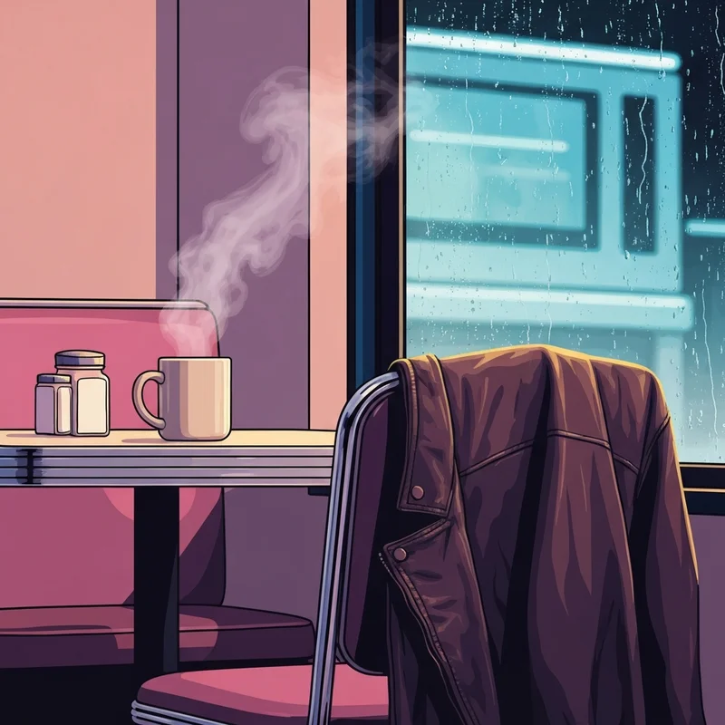 A nostalgic 90s urban diner booth with a leather jacket and coffee, representing the seinfeld top ten episodes atmosphere.