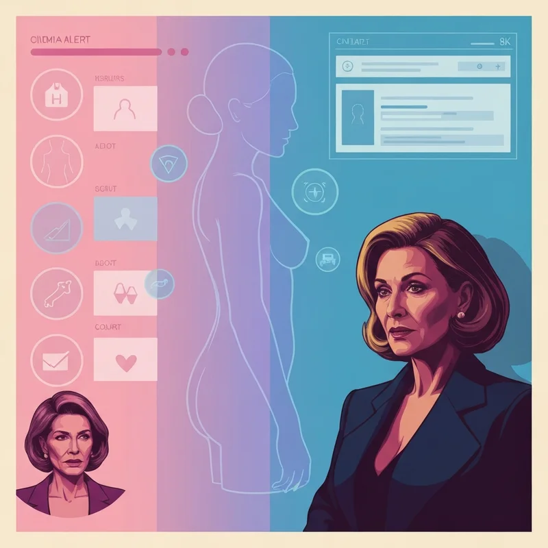 A digital dashboard showing aesthetic body silhouettes and health alert icons, illustrating the concept of boobs big alert.