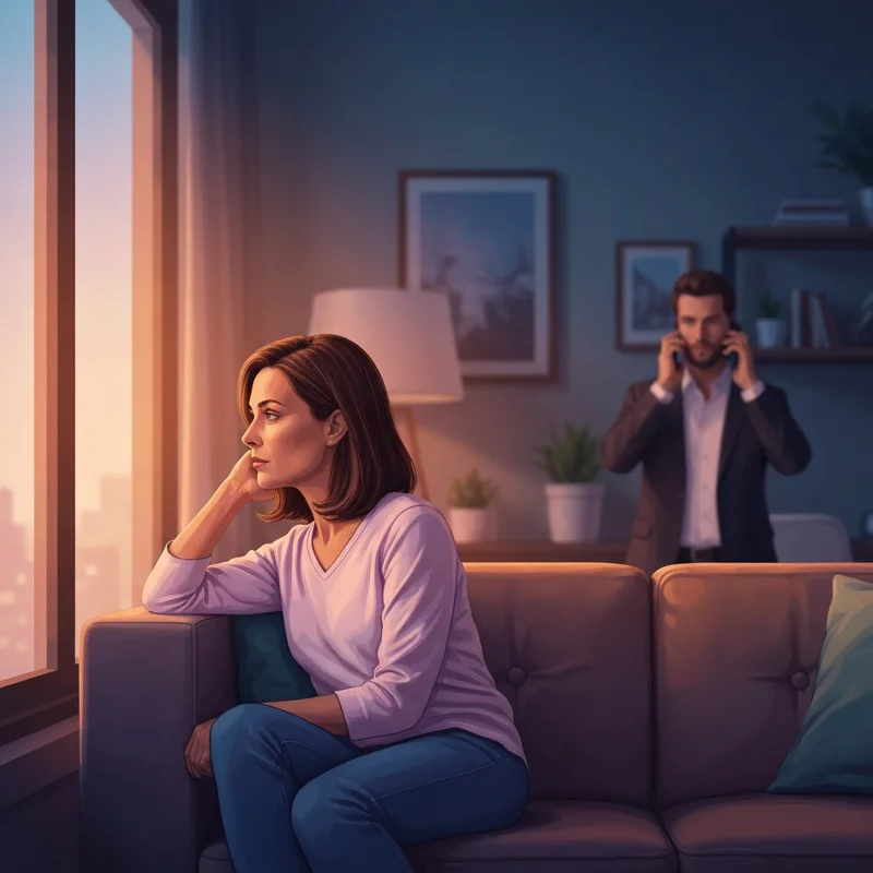 A symbolic representation of a mommys boy dynamic showing a man and a woman in a living room with a looming shadow representing emotional enmeshment.