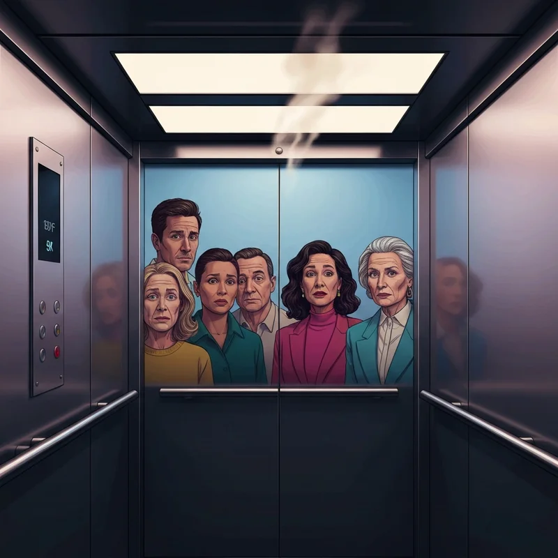 A high-tension cinematic shot of a modern elevator with flickering lights and shadowy figures, representing the essence of elevator films.