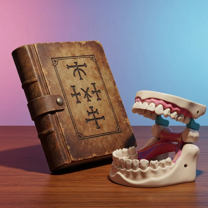 A comparison between a weathered AI-generated explorer journal and a medical model of a human jawbone illustrating the lost bone.