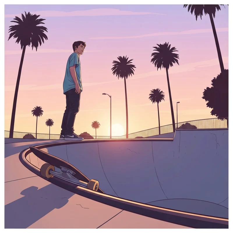 A cinematic shot of a skateboarder in a sunset bowl, representing the essence of skating boarding movies.