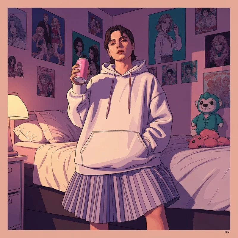 A person wearing an oversized pastel pink hoodie and thigh-high socks, holding a soft plush toy in a bright, aesthetic room, representing the femboyish identity.