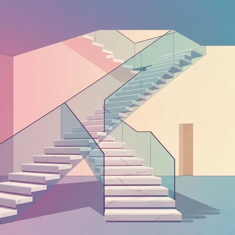 A minimalist spiral staircase with infinite geometry representing the stairs stairs stairs aesthetic.