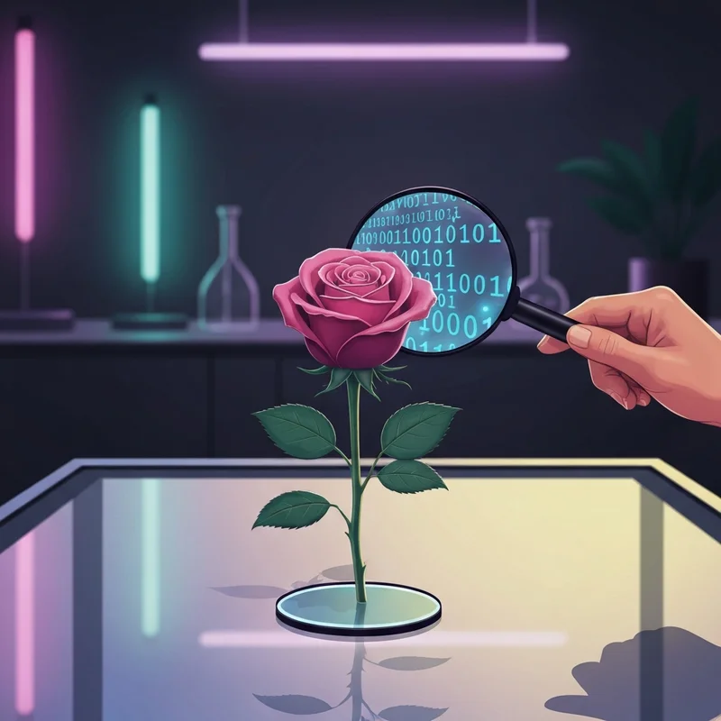 A digital illustration of a glowing rose under a magnifying glass, representing the investigation into bundy roses facts and hoaxes.