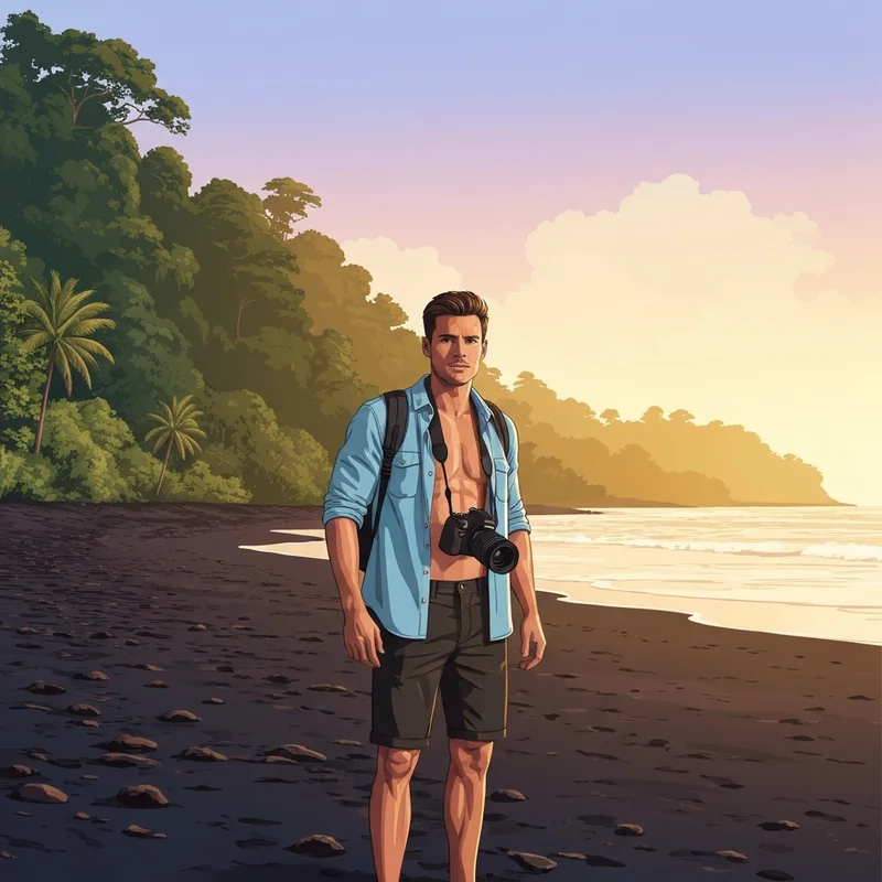 A cinematic shot of a modern travel creator like Jordan Redmond standing on a tropical Costa Rica beach during sunset, holding a high-end camera with a lush jungle background.