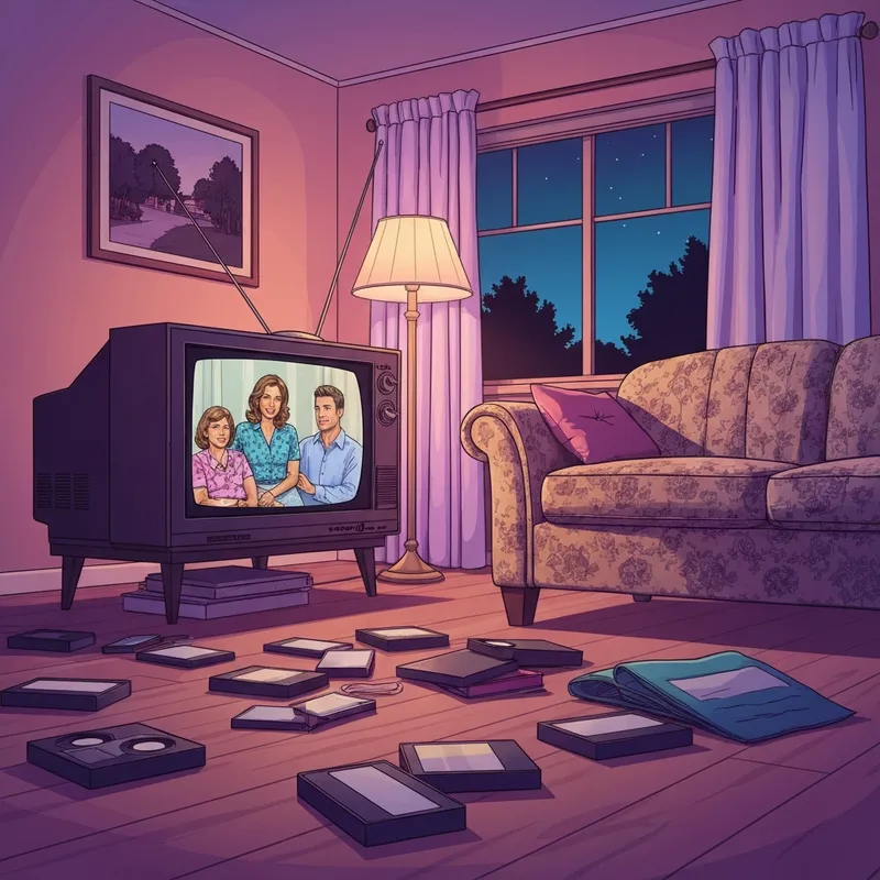 A nostalgic 1990s living room with a glowing CRT TV showing a group of diverse siblings, evoking the 1990s abc sitcom about kids growing up without their parents.